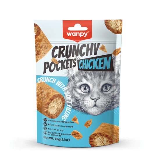 Wanpy Crunchy Pockets - лакомство за котки с пилешко, хрупкави хапки с кремообразен пълнеж, 60 г Wanpy Crunchy Pockets - лакомство за котки с пилешко, хрупкави хапки с кремообразен пълнеж, 60 г