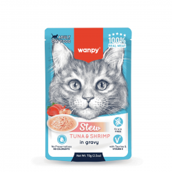 Wanpy Stew in gravy - пауч за котки, ароматно стю с риба тон и скариди в сос, 70 г / 10 бр. СТЕК