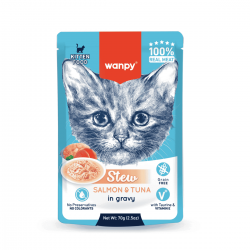 Wanpy Stew in gravy - пауч за малки котенца, ароматно стю със сьомга и риба тон, 70 г / 10 бр. СТЕК