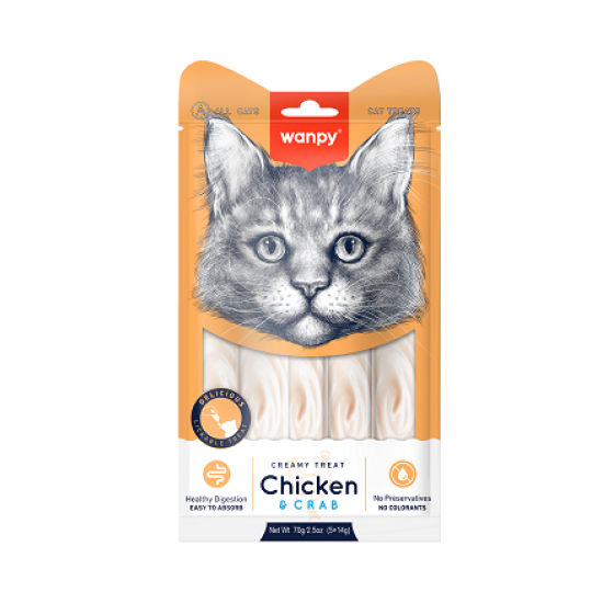 Wanpy Cat - кремообразно лакомство за котки с пилешко и раци, 5х14 г Wanpy Cat - кремообразно лакомство за котки с пилешко и раци, 5х14 г