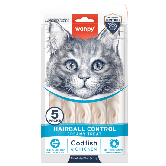 Wanpy Cat Hairball Control кремообразно лакомство за котки с риба треска и пилешко, срещу топки косми, 5х14 г Wanpy Cat Hairball Control кремообразно лакомство за котки с риба треска и пилешко, срещу топки косми, 5х14 г