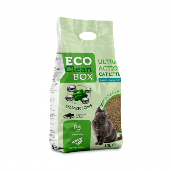 Eco Clean Box Ultra action 10L - котешка постелка от дървесни фибри със сребърни йони активен въглен Eco Clean Box Ultra action 10L - котешка постелка от дървесни фибри със сребърни йони активен въглен