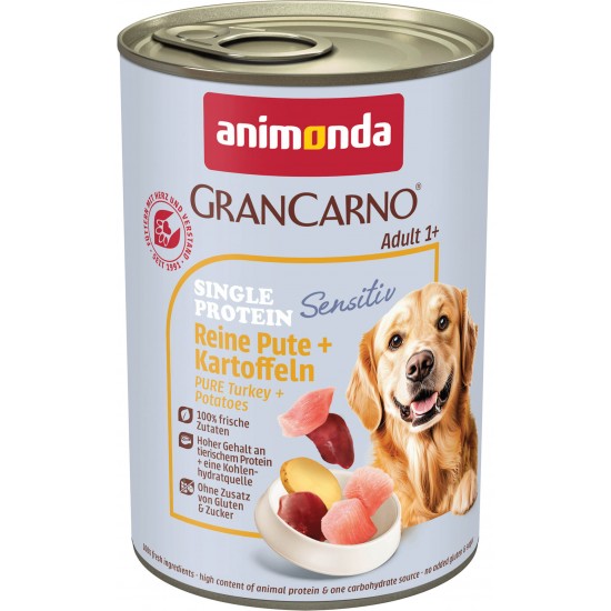 animonda GranCarno Sensetive - консервирана, монопротеинова храна за чувствителни кучета, пуешко и картофи, 400 г