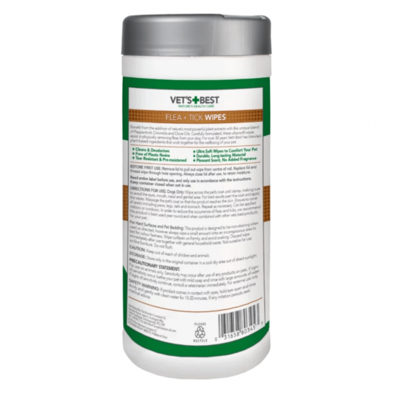 Vet`s Best Flea&Tick Wipes кърпички за куче срещу бълхи и кърлежи, 50 бр