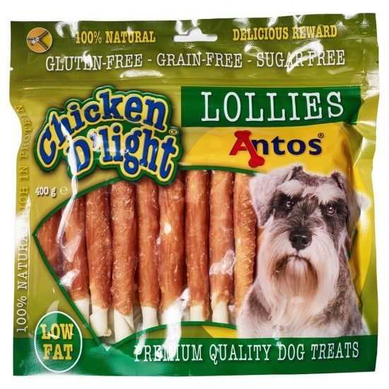 Antos Lollies Chicken D`light солети кожа с пиле 400гр Antos Lollies Chicken D`light солети кожа с пиле 400гр