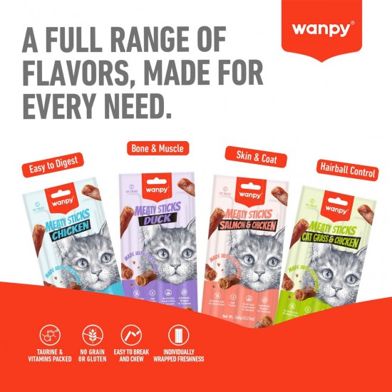 Wanpy cat meat sticks пръчици с пилешко и котешка трева, 15 бр х 18 гр стек