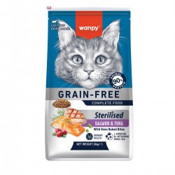 Wanpy Grain Free Sterilized - суха храна за кастрирани котки със сьомга и риба тон, без зърно, 8 кг